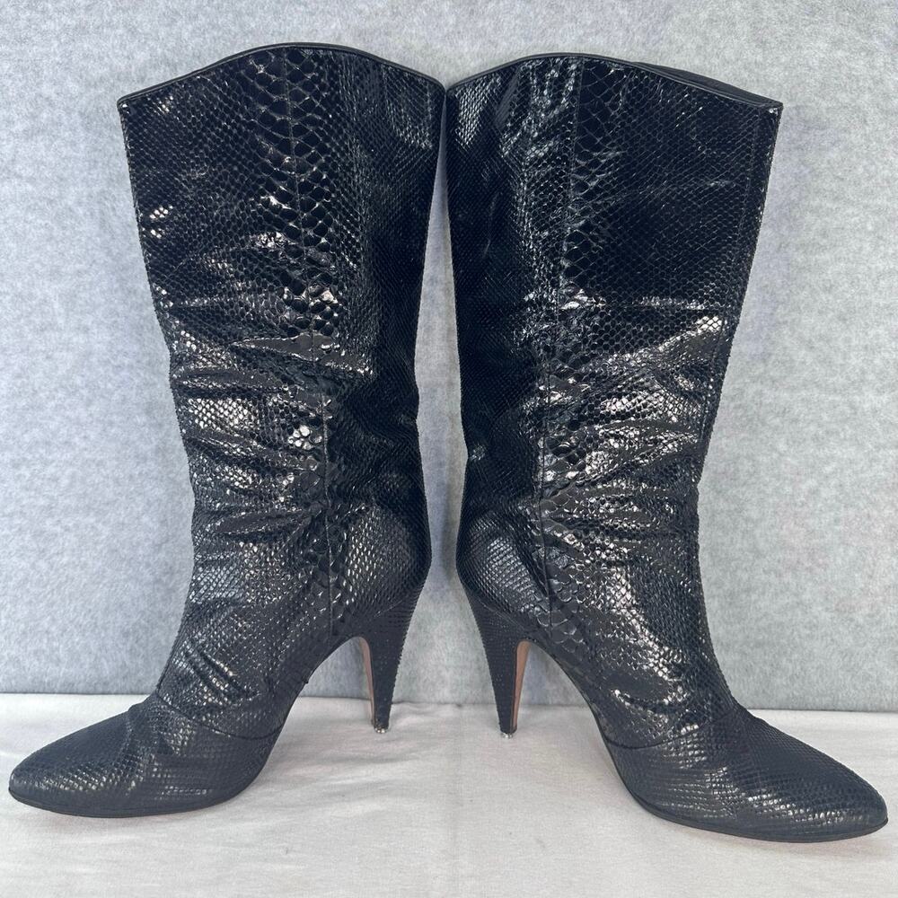 Vintage Biondini Women's sz 8.5 (EU 38.5) Black Snakeskin Heel Boots Italy Rare - Picture 5 of 16